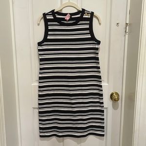 Talbots small petite navy white stripe cotton knit dress sleeveless EUC